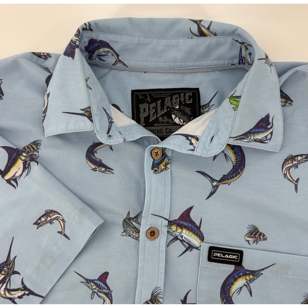 Pelagic Fishing Shirt Men's Medium Blue Marlin Mahi Short Sleeve Performance